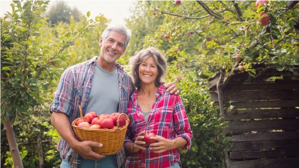 Zufriedenes Paar mit gepflegtem Obstbaum – professionelle Baumpflege für Obstbäume in Bielefeld.